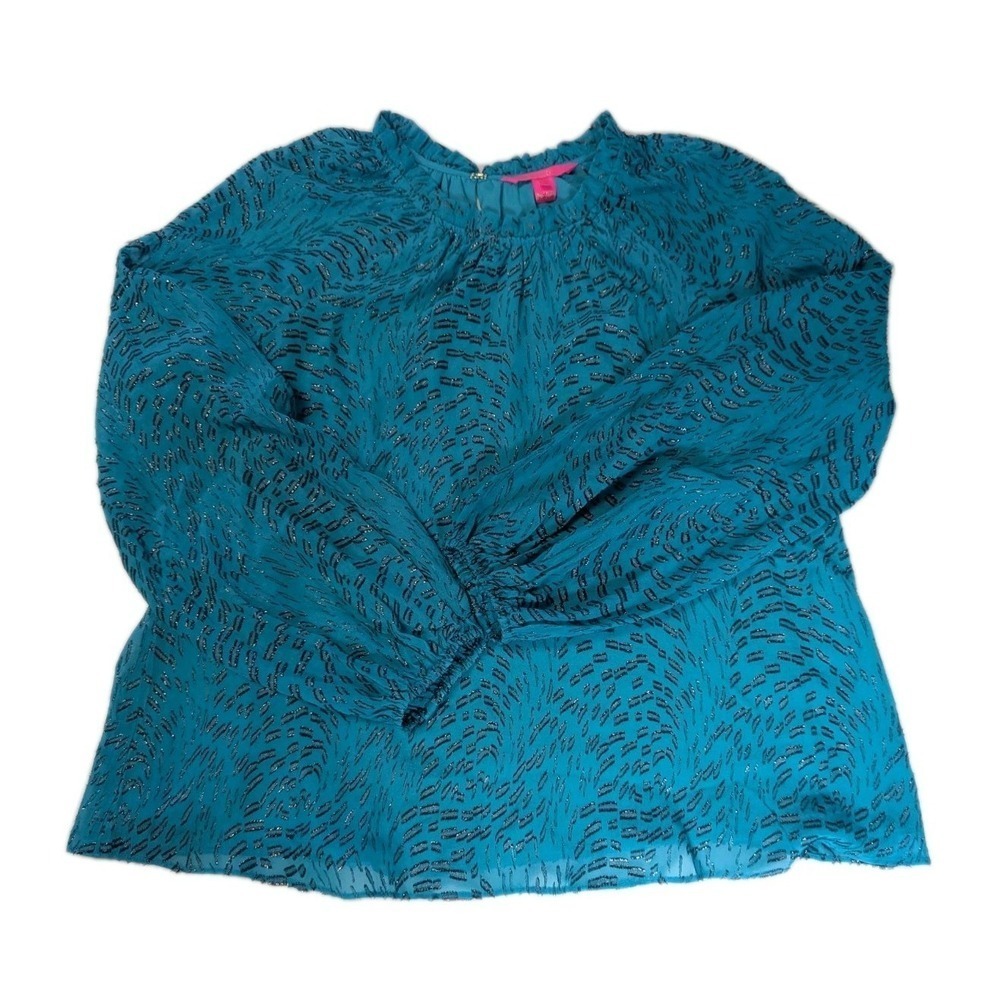 Lilly Pulitzer Caline Silk Blend Ruffle Blouse XL Teal Blue Silver Metallic Dot